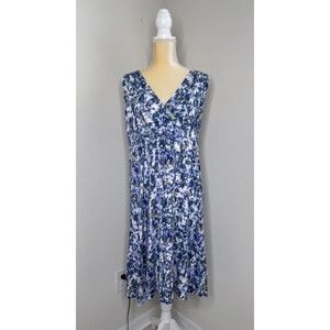 EDDIE BAUER  A-Line Abstract Wrap Dress Sz L V Neck Sleeveless Tie Back 40”L